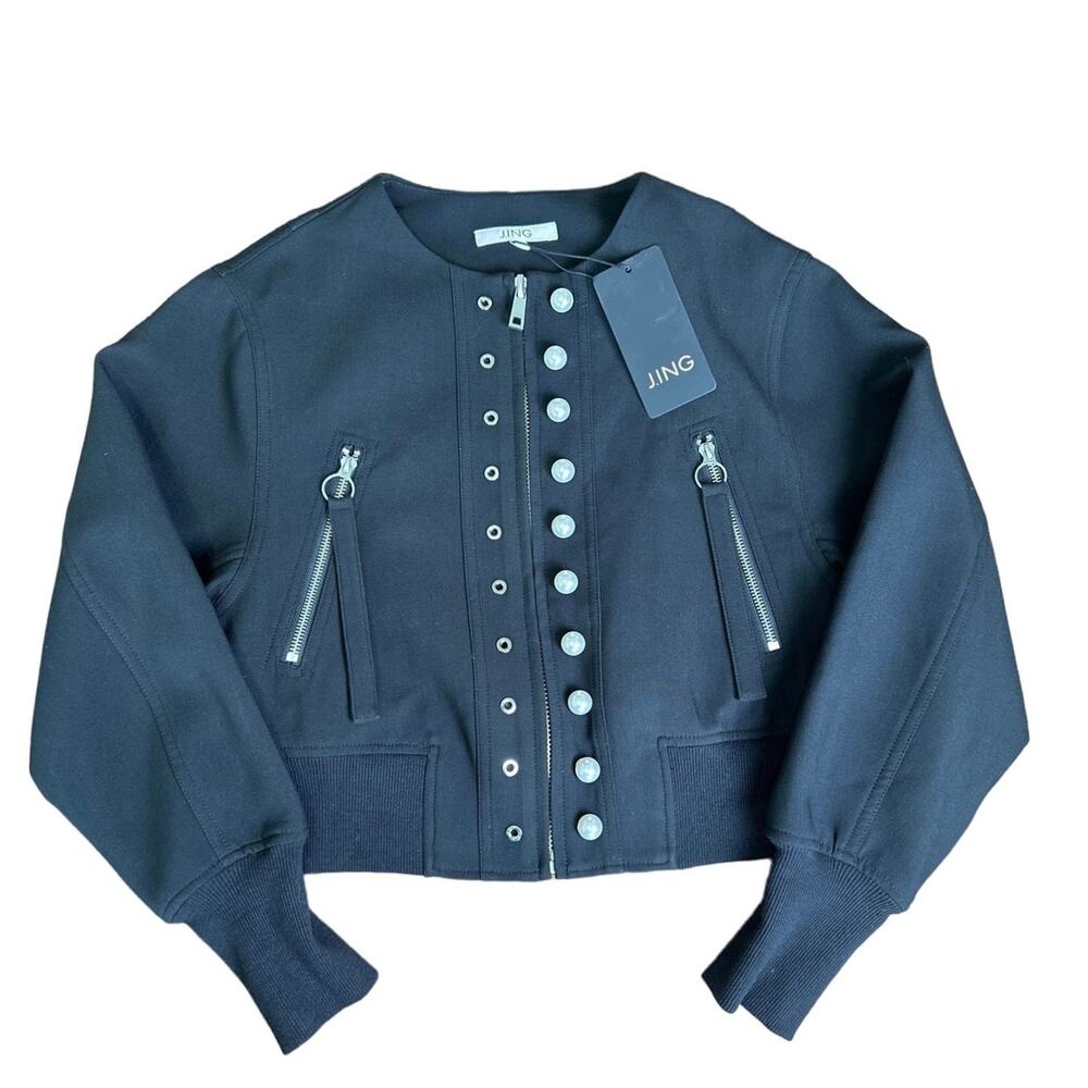 J.Ing Obsidian Zip Front Crop Bolero Jacket Black Moto Pearl/Grommet Details Sm